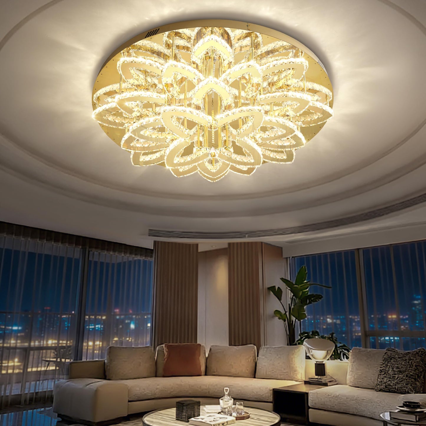 Shial Lighting 40" Modern Crystal Chandelier for Dining Room LED Dimmable Flush Mount Chandeliers Gold Ceiling Chandelier for Living Room Bedrooms