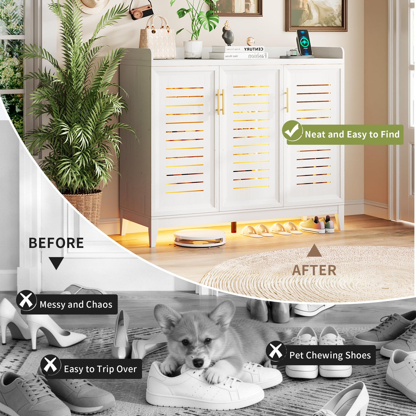 Vlsrka 6 Tier Shoe Storage Cabinet with Shutter Doors and Adjustable Shelves, Rotating Shoe Organizer Cabinet with Human Sensor Lighting, Wooden Shoe Cabinet for Entryway, Hallway, Living Room, White