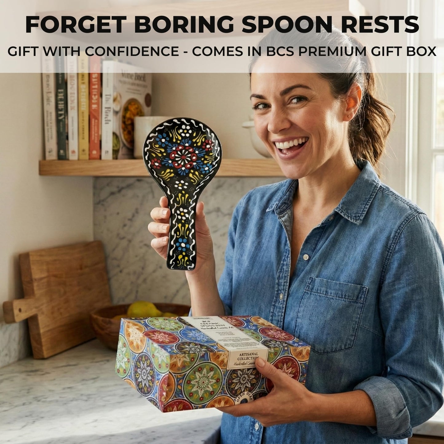 BCS Ceramic Spoon Rest, Large 9” Hand Painted Spoon Holder for Stove Top & Kitchen Counter, Dishwasher Safe & Heat Resistant Utensil Holder, Floral Kitchen Decor, Handmade Pottery