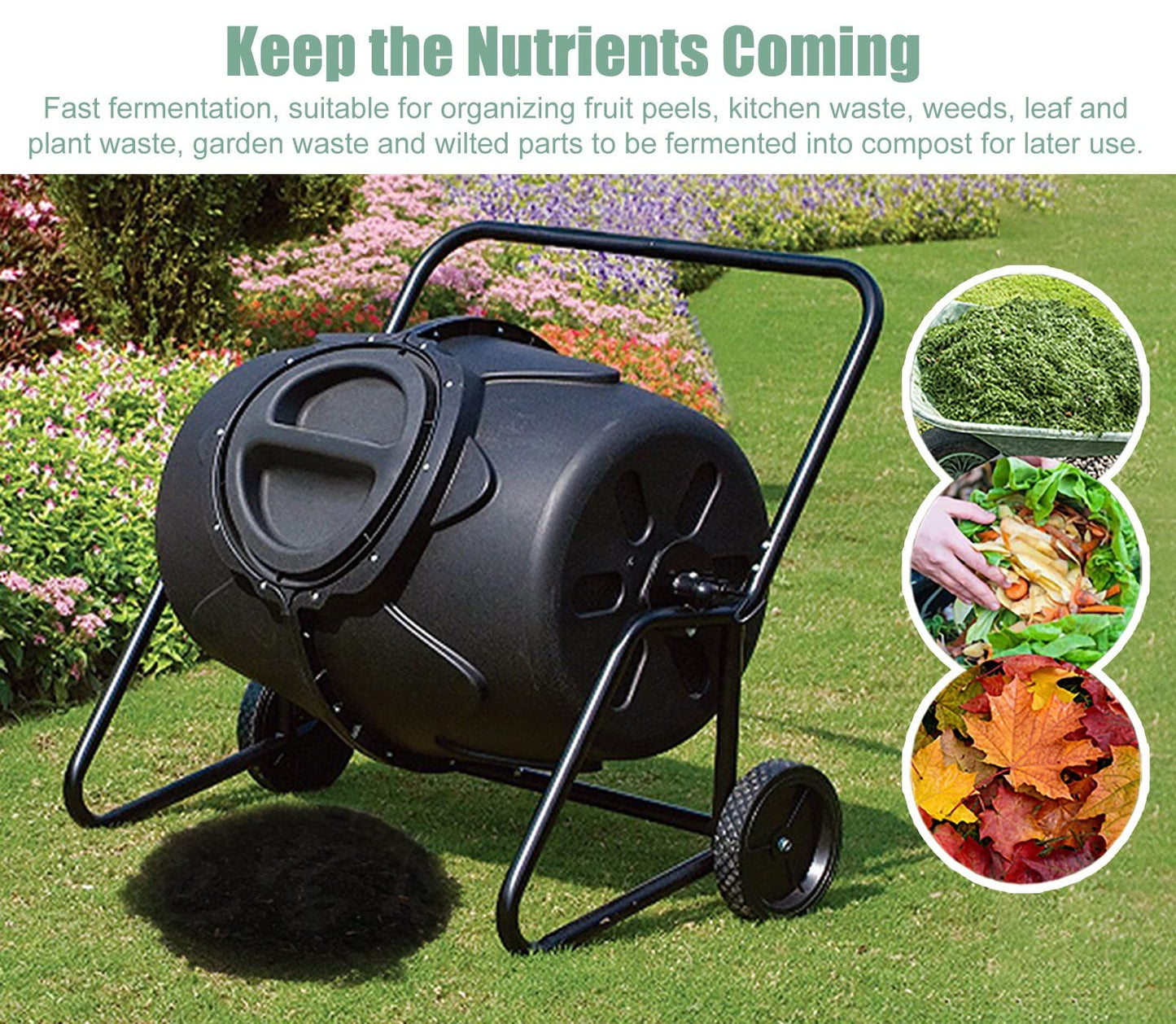 Compost Tumbler 170L - Large Outdoor Composter Bin with Wheels for Easy Movement, Perfect for Garden Yard Leaves and Kitchen Waste