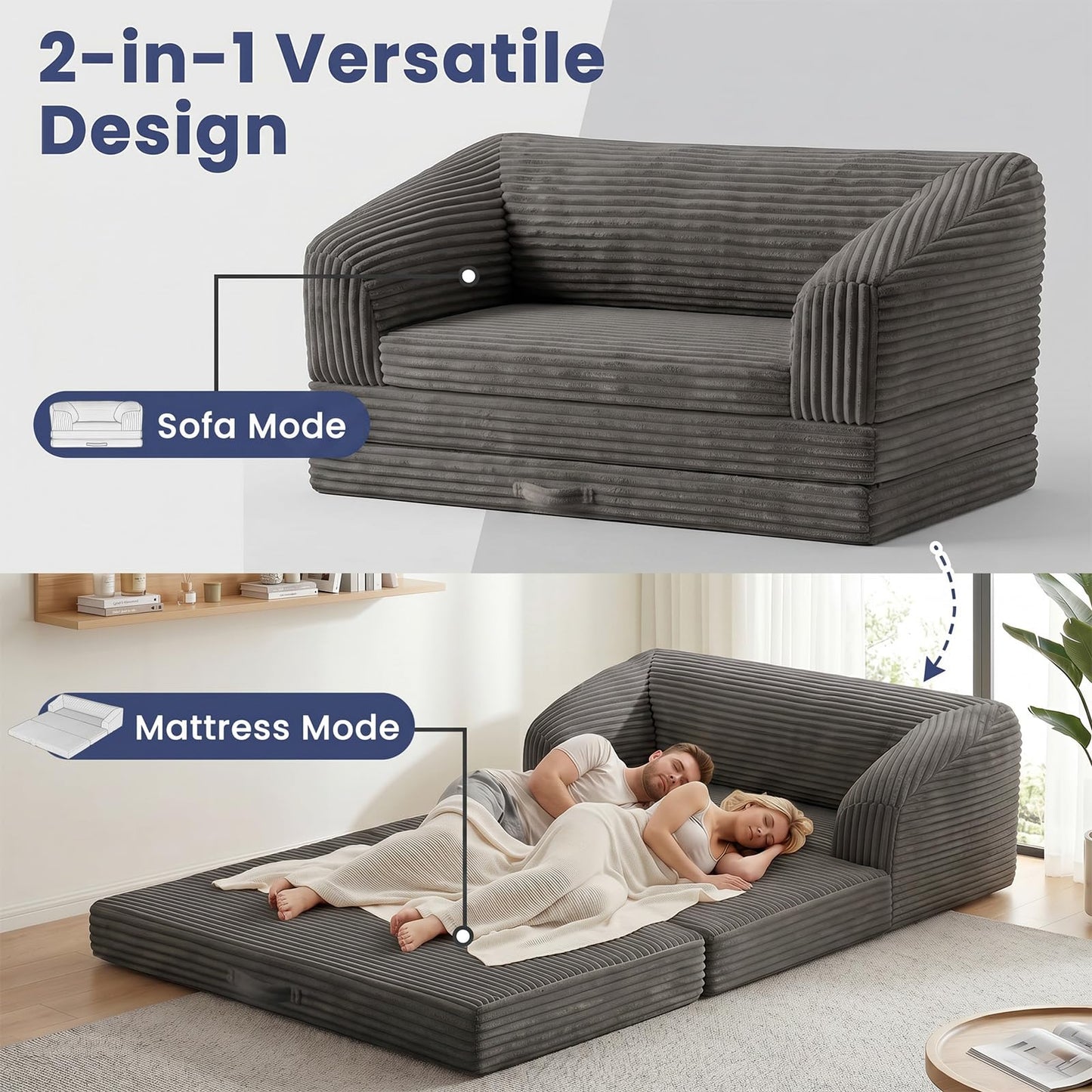 AOLVDOW Loveseat 51 inch, 2-in-1 Convertible Tri-Folding Sofa Bed with Thick Backrest & Carry Handle, Gray Foldable Couch Bed Lounger Sleeper Sofa for Living Room, Guest Room, Soft Corduroy