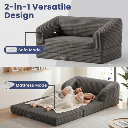 AOLVDOW Loveseat 51 inch, 2-in-1 Convertible Tri-Folding Sofa Bed with Thick Backrest & Carry Handle, Gray Foldable Couch Bed Lounger Sleeper Sofa for Living Room, Guest Room, Soft Corduroy