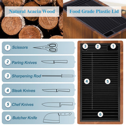 ENOKING XXL Acacia Wood Knife Holder – Large Universal Knife Block with Blade-Protecting Slots, Holds 26+ Knives, Scissors, and Sharpening Rods, Space-Saving Kitchen Storage Organizer