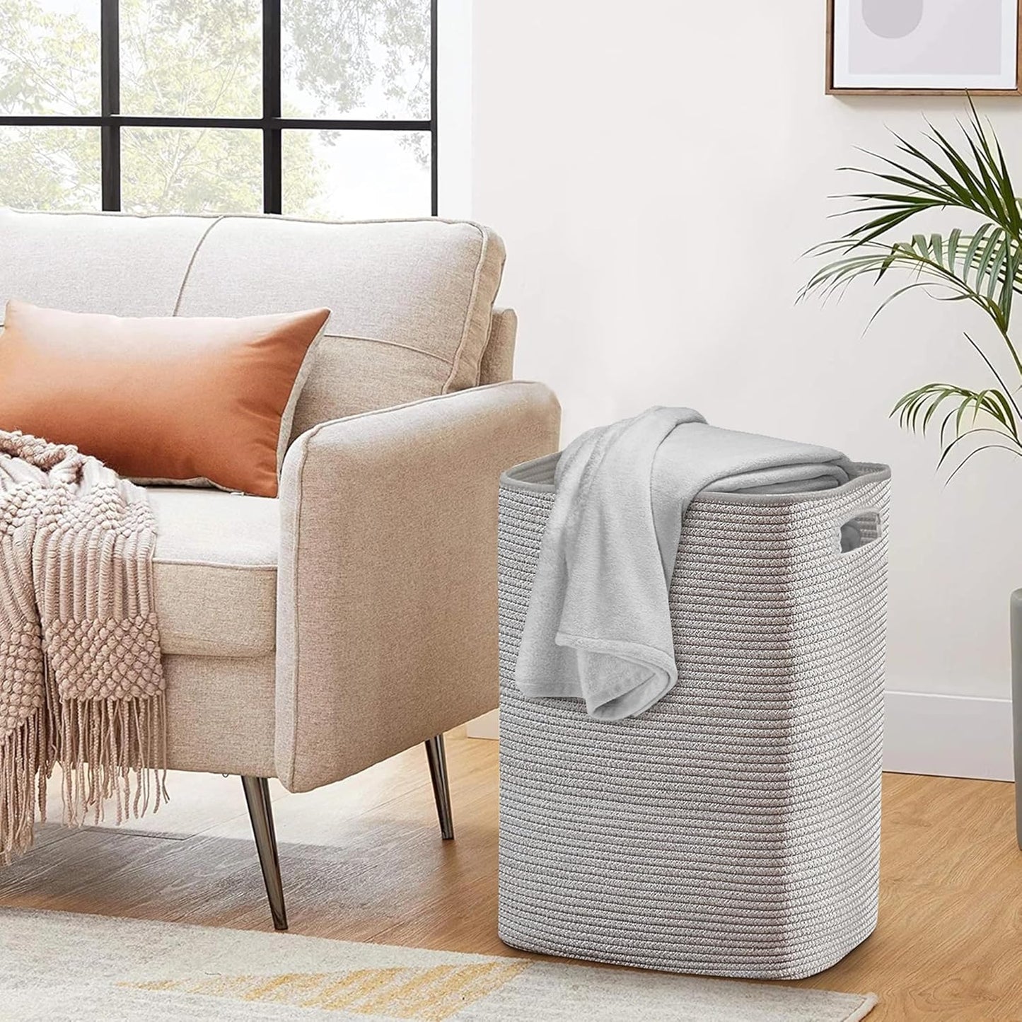 Large Gray Laundry Hamper, 16"x13"x22", Tall Woven Cotton Rope Basket for Dirty Clothes, Soft Laundry Bin, 75L