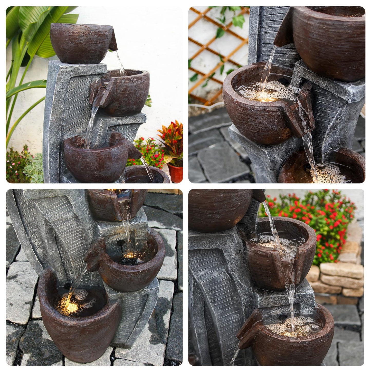 6-Tier Cascading Outdoor Water Garden Fountain 49.61''H Modern Floor-Standing Indoor Waterfall Fountains Bowl and Jar Water Feature with LED Lights for Office Home Art Decor Deck Yard Patio Porch