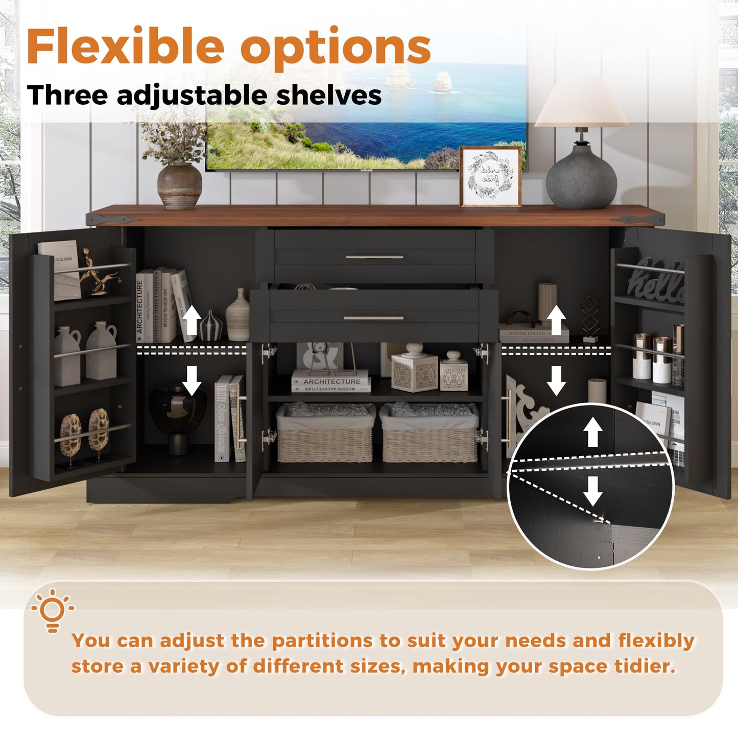 KEIKI 63" Farmhouse Barn Door Sideboard Buffet Cabinet with Storage – 2 Drawers, Adjustable Shelves, Door Rack, Kitchen Buffet, Large Sideboard Buffet Cabinet, Cabinet for Dishes, Black