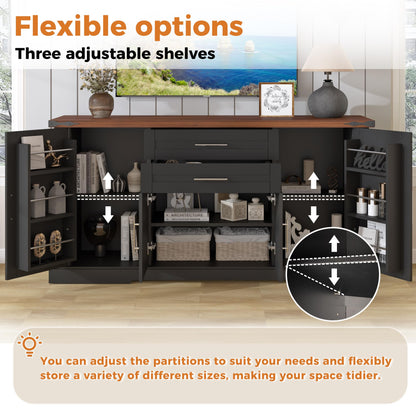 KEIKI 63" Farmhouse Barn Door Sideboard Buffet Cabinet with Storage – 2 Drawers, Adjustable Shelves, Door Rack, Kitchen Buffet, Large Sideboard Buffet Cabinet, Cabinet for Dishes, Black