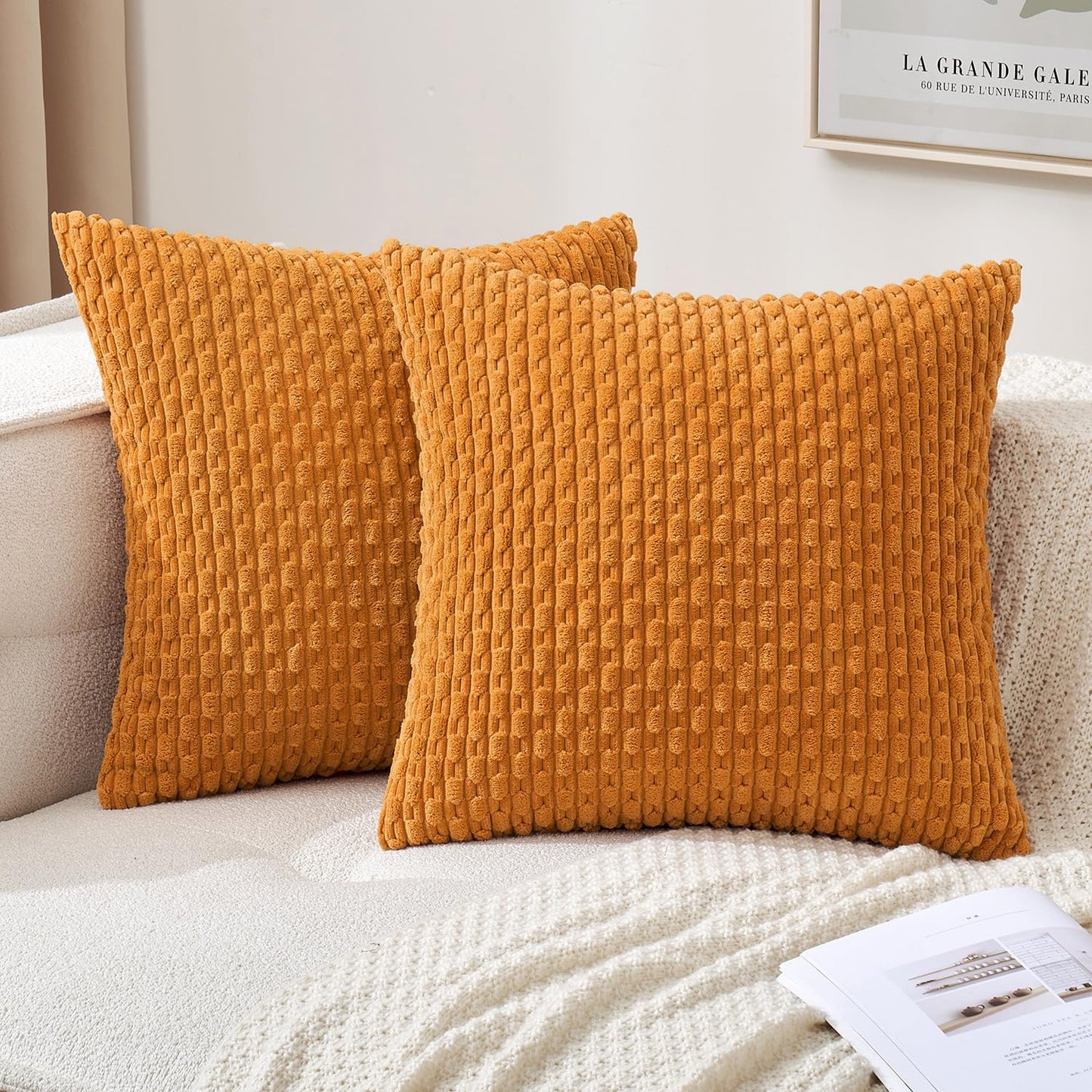 MIULEE Pack of 2 Decorative Throw Pillow Covers 18x18 Inch Soft Boho Striped Textured Corduroy Pillow Covers Modern Farmhouse Home Decor for Couch Bed Sofa Living Room Cream White