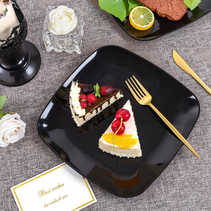 PULOTE 100 PCS Black Square Plastic Plates Disposable - Include 50 Each (10" Dinner & 7.25" Dessert) Plates - Ideal for Party & Graduation