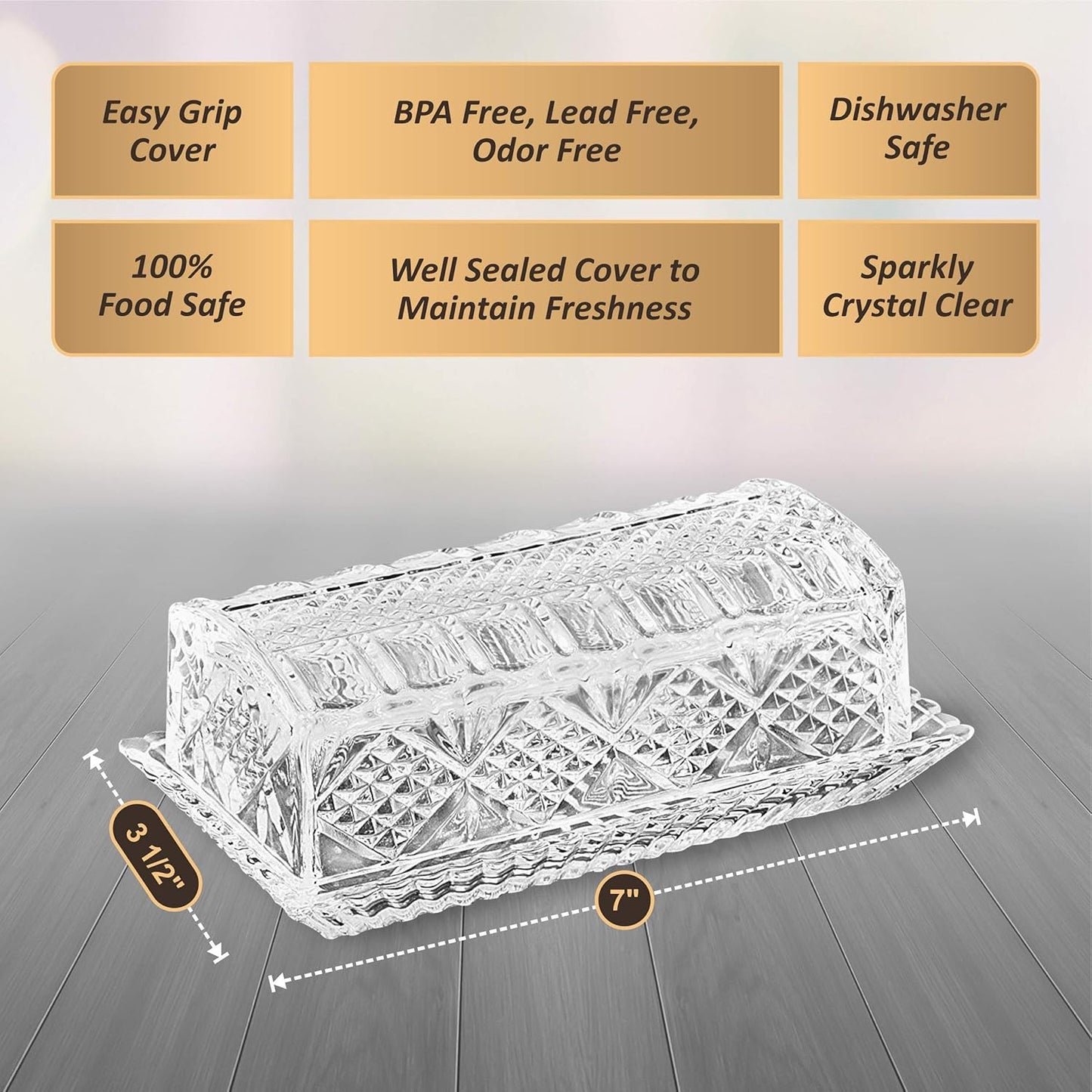 Large 7" x 3.75" x 2.75" Deep Danish Crystal Covered Butter Dish, Beautiful Decorative Design