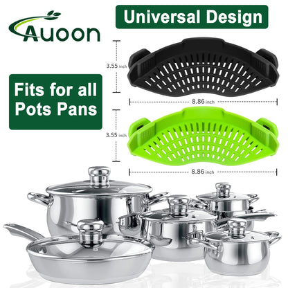 2PACK AUOON Clip on Strainer for All Pots Pans - Silicone Pasta Strainer Kitchen Colander for Draining Noodles Spaghetti Ground Beef Grease｜Easy to Use and Store, Dishwasher Safe (BlackGreen)