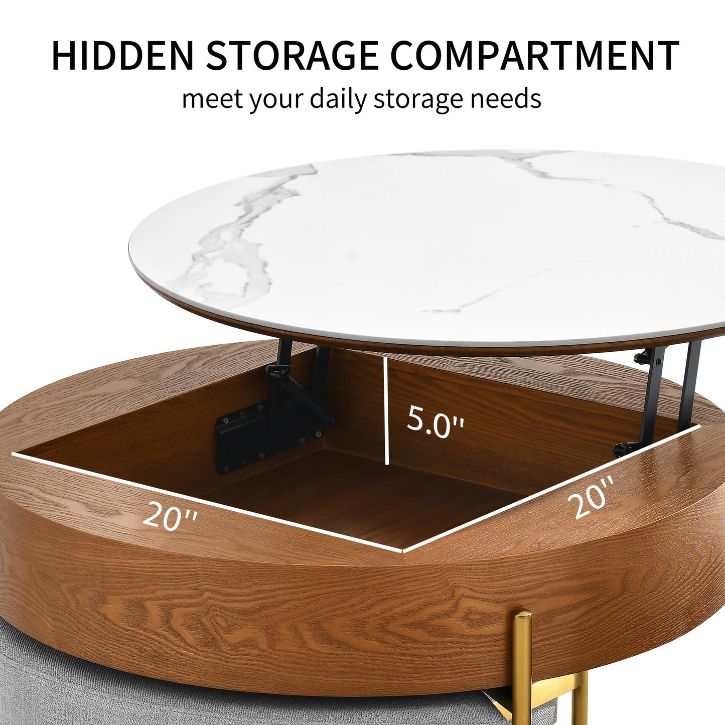 YITAHOME 32" L Round Marbling Pattern Slate Coffee Table with Storage 3 Stools Wood Rustic Boho Lift Top Coffee Table Set for Living Room