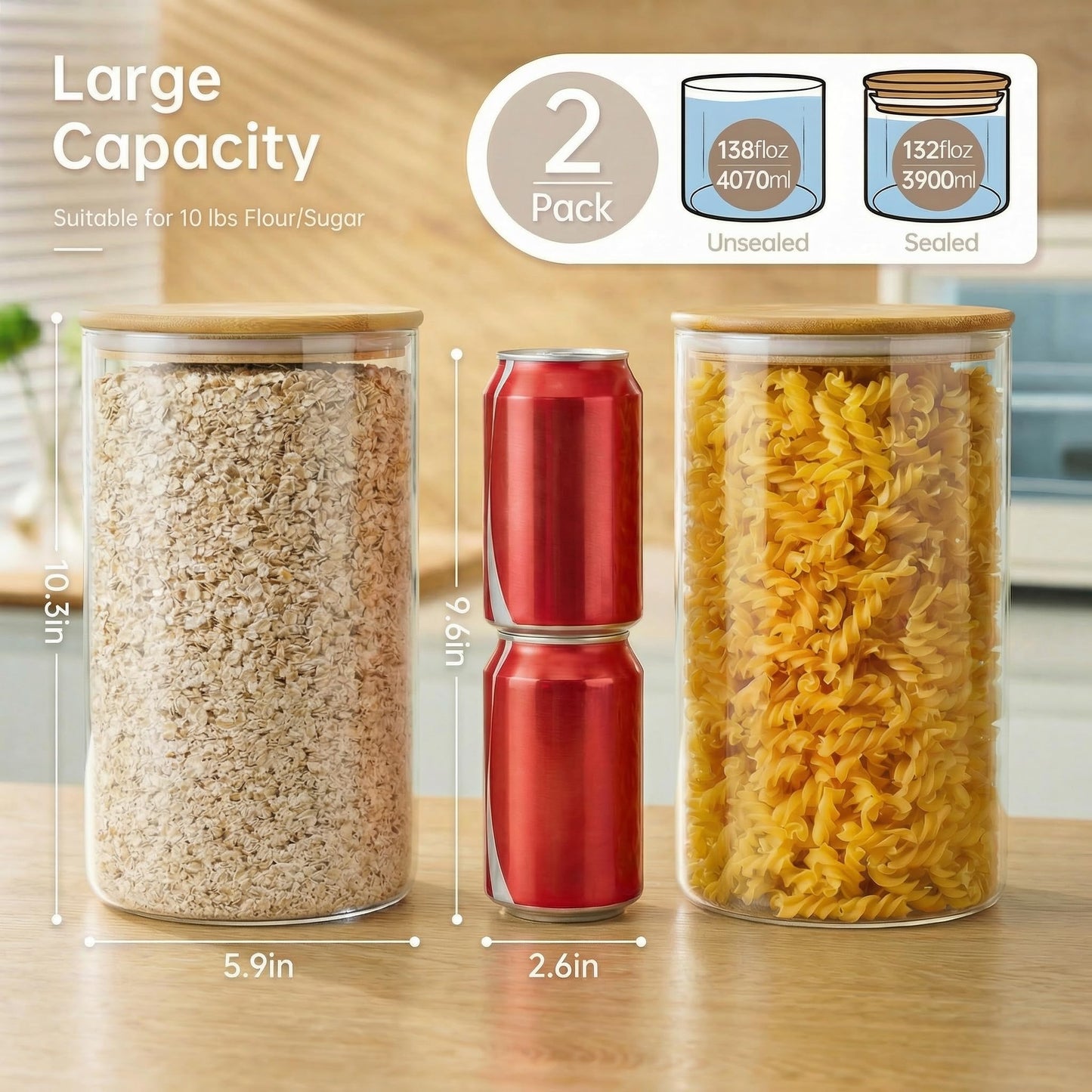HomArtist Extra Large Glass Flour and Sugar Storage Containers with Airtight Lids,132 floz x2 [Set of 2] Big Glass Jars with Bamboo Lids, Air Tight Food Storage Jars for Cereal, Pasta, Rice, Coffee