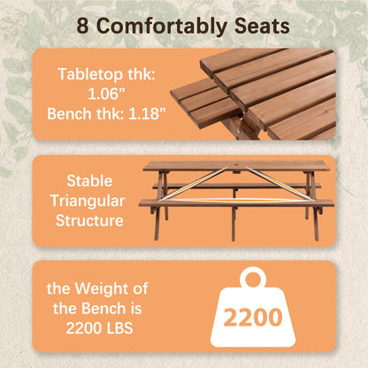 Jaxilyn Picnic Table with Bench for 6-8 Person Outdoor Wooden Rectangle Table for Backyard, Porch, Patio, Deck w/Umbrella Hole -Brown