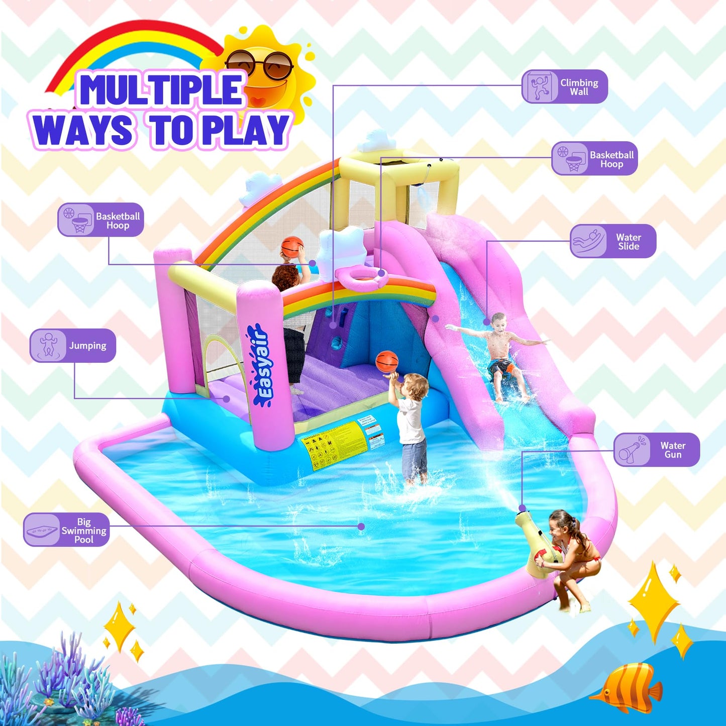 Easyair Inflatable Bounce House Water Slide Combo, Blow Up Water Slides for Backyard, Kids Jumper with Climbing Wall, Basketball Hoop, Splash Pool with Blower