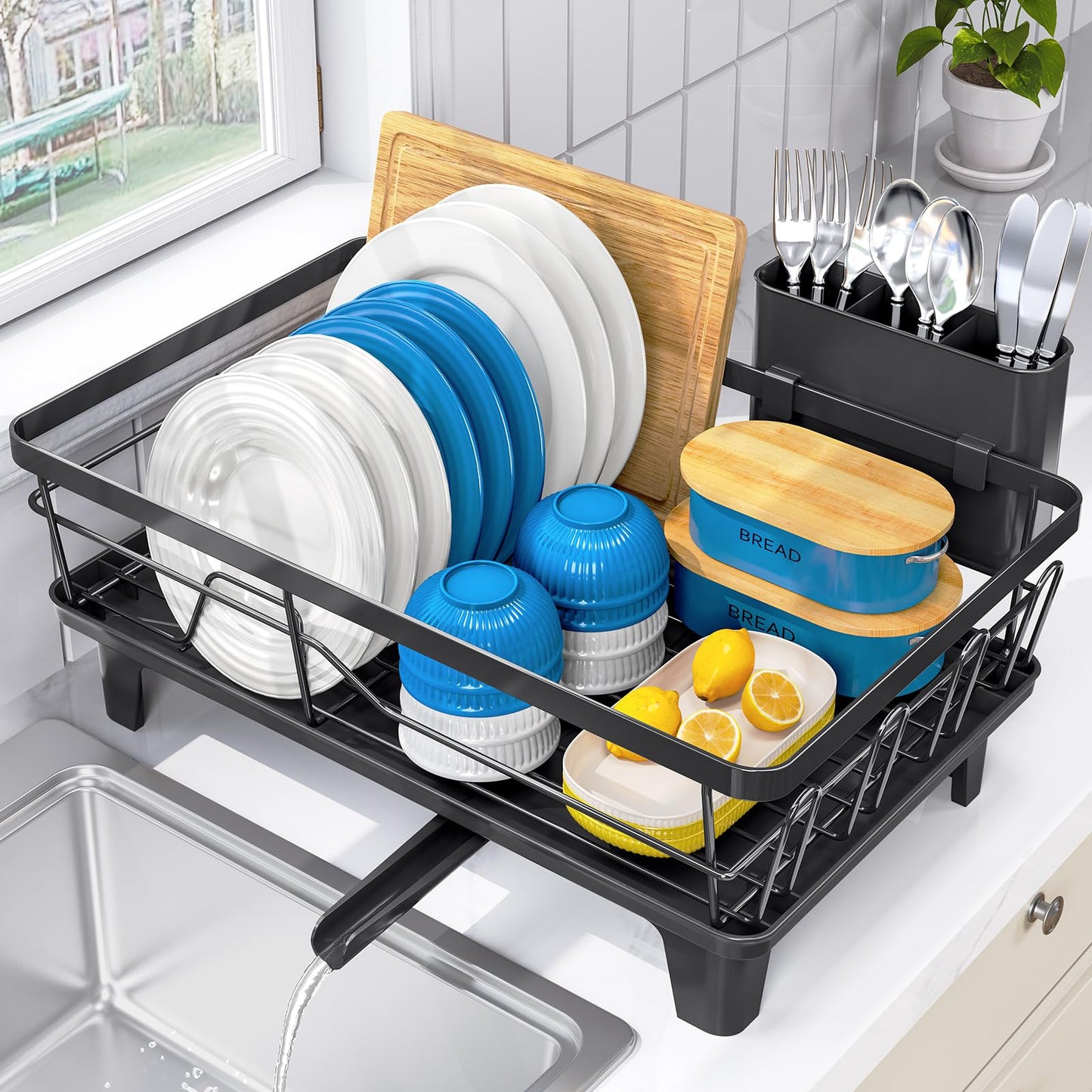 Urackify Dish Drying Rack for Kitchen Counter, Sink Dish Rack with Drainboard 12.2" W x 16.5" L, Large Dish Drainer with Cutlery Holder, Home Countertop Plate Dryer Storage Rack, Black