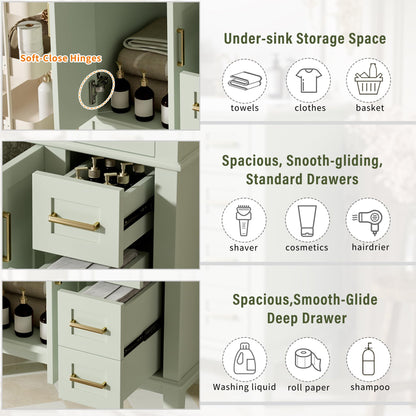 Favfurish 30" Bathroom Vanity with Ceramic Sink, Modern Storage Cabinet with Soft-Close Doors,Deep Drawer & Standard Drawer, Stylish Bath Vanity for Small Bathroom,Easy Assembly,Green