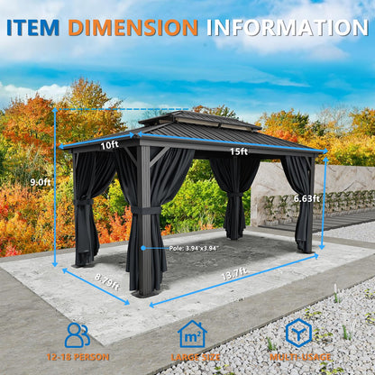 HOTEEL 10x15 Hardtop Gazebo On Clearance with Heavy Duty Galvanized Steel Metal Roof, Patio Hard Top Gazebo with Curtains & Netting,Outdoor Permanent Hot tub Gazebo Pavillon for Backyard,Deck,Black