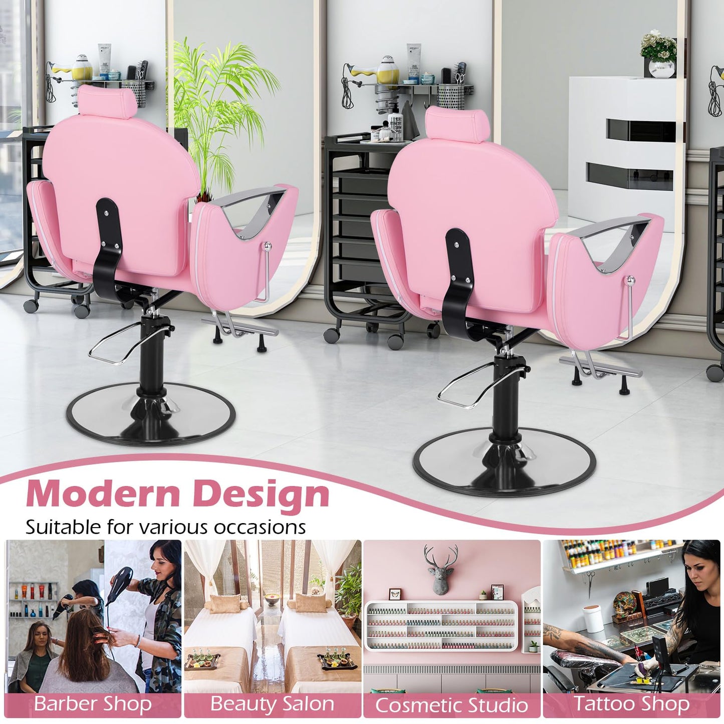 Giantex Reclining Barber Chair - Salon Chair for Hair Stylist, 360 Degrees Swivel, Adjustable Height & Headrest, Heavy Duty Hydraulic Pump, Hair Styling Chair for Makeup Facial Waxing Tattoo (Pink)