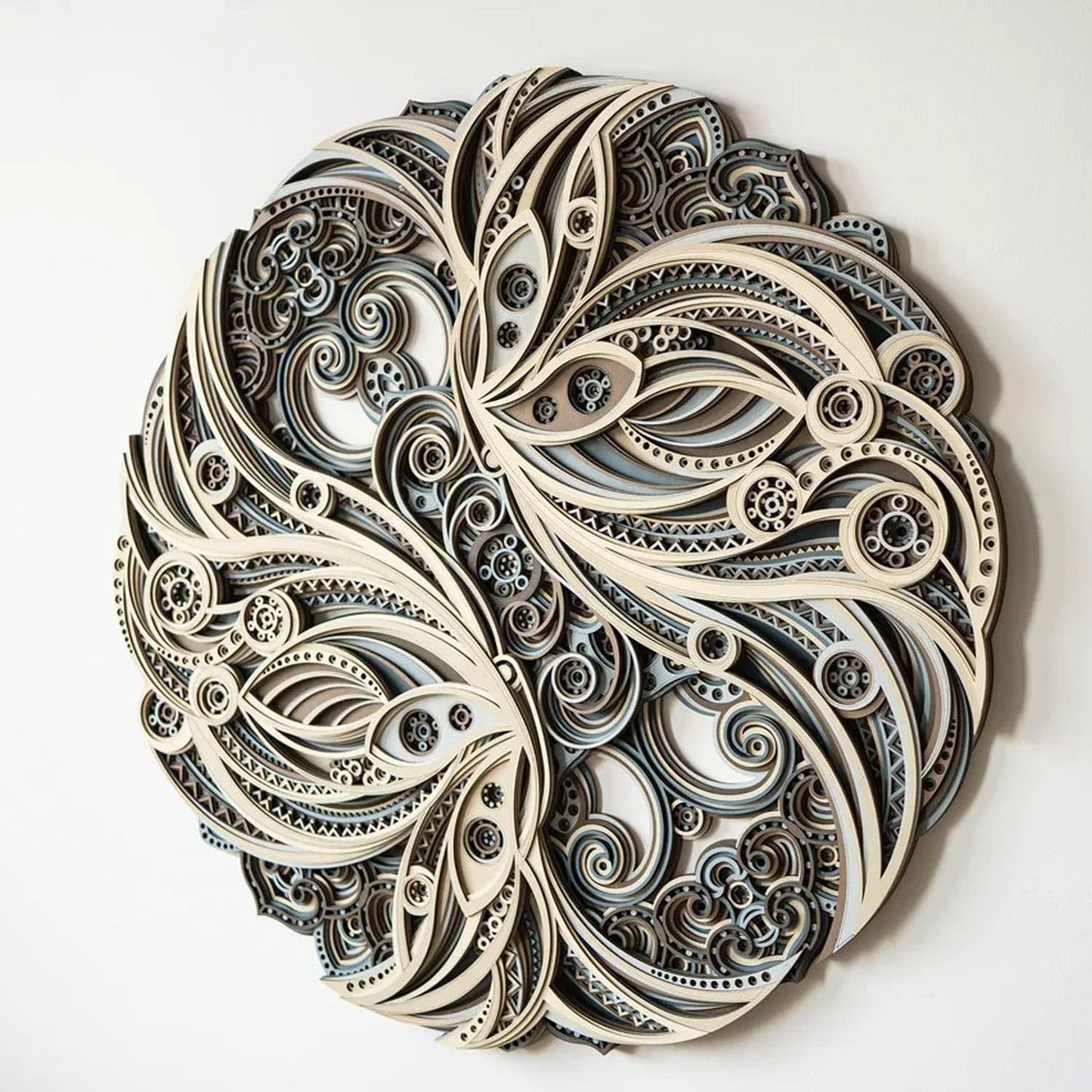 FARIDRUN Multi-layer wall art, large geometric wooden wall art, mandala laser-cut art, 3D murals, tapestries, wall decorations(23.6 inches x 23.6 inches)