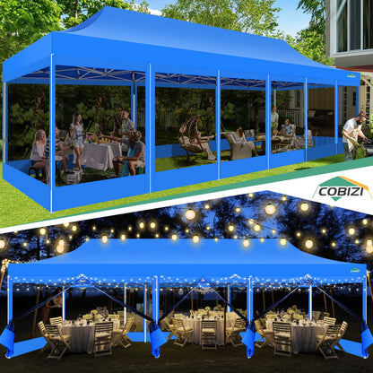 COBIZI 10x30 Pop Up Canopy with Sidewalls, Heavy Duty Canopy with Mosquito Netting, Easy up Screen Party Tents for Parties Backyard Outdoor Commercial Event Gazebo with Roller Bag, Sandbags, Blue