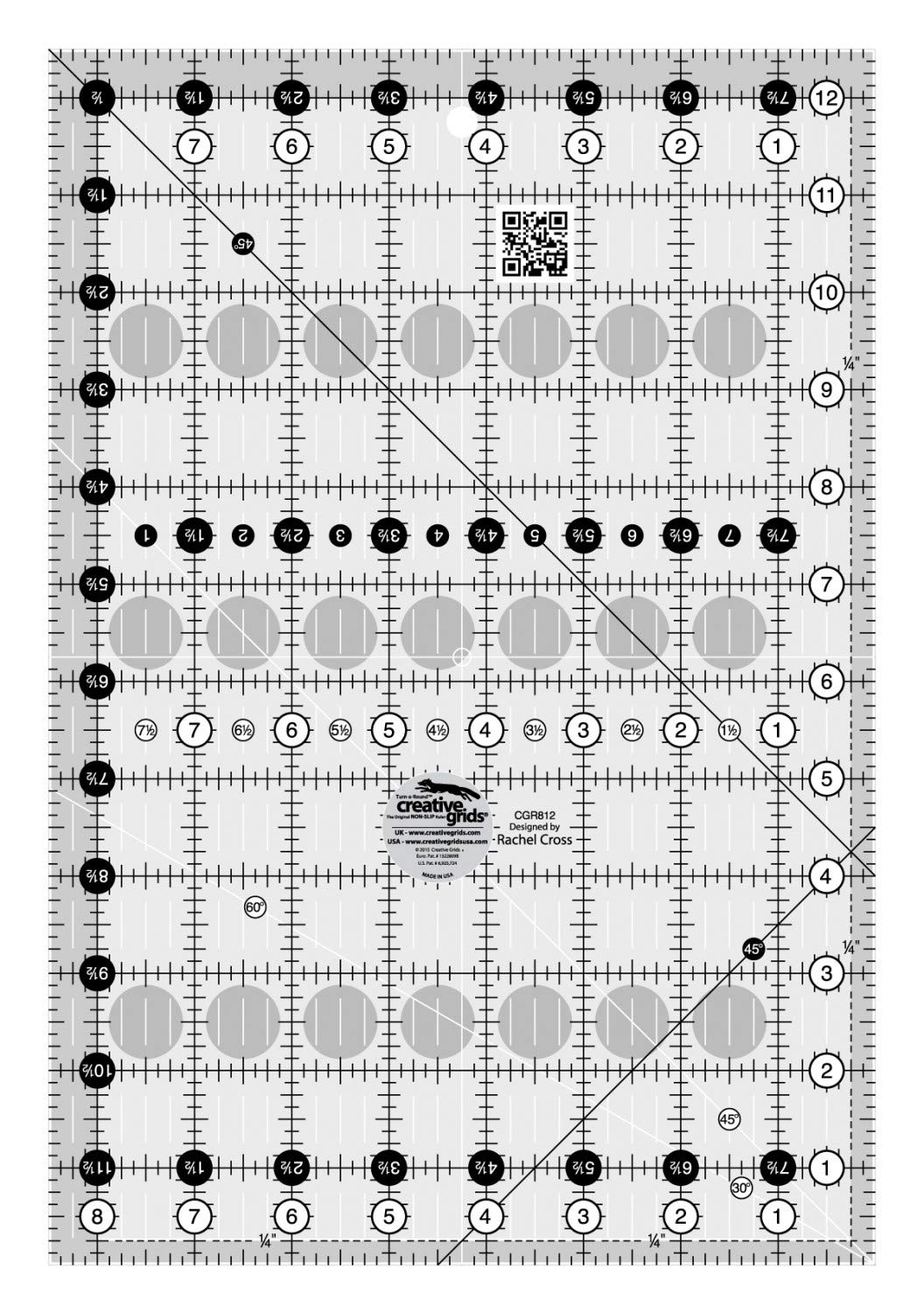 Creative Grids Quilt Ruler 8-1/2in x 12-1/2in Rectangle – CGR812 – Made in USA, Non-Slip Grip Acrylic Quilting, Sewing, Crafting, Patchwork Ruler for Measuring & Cutting Fabric