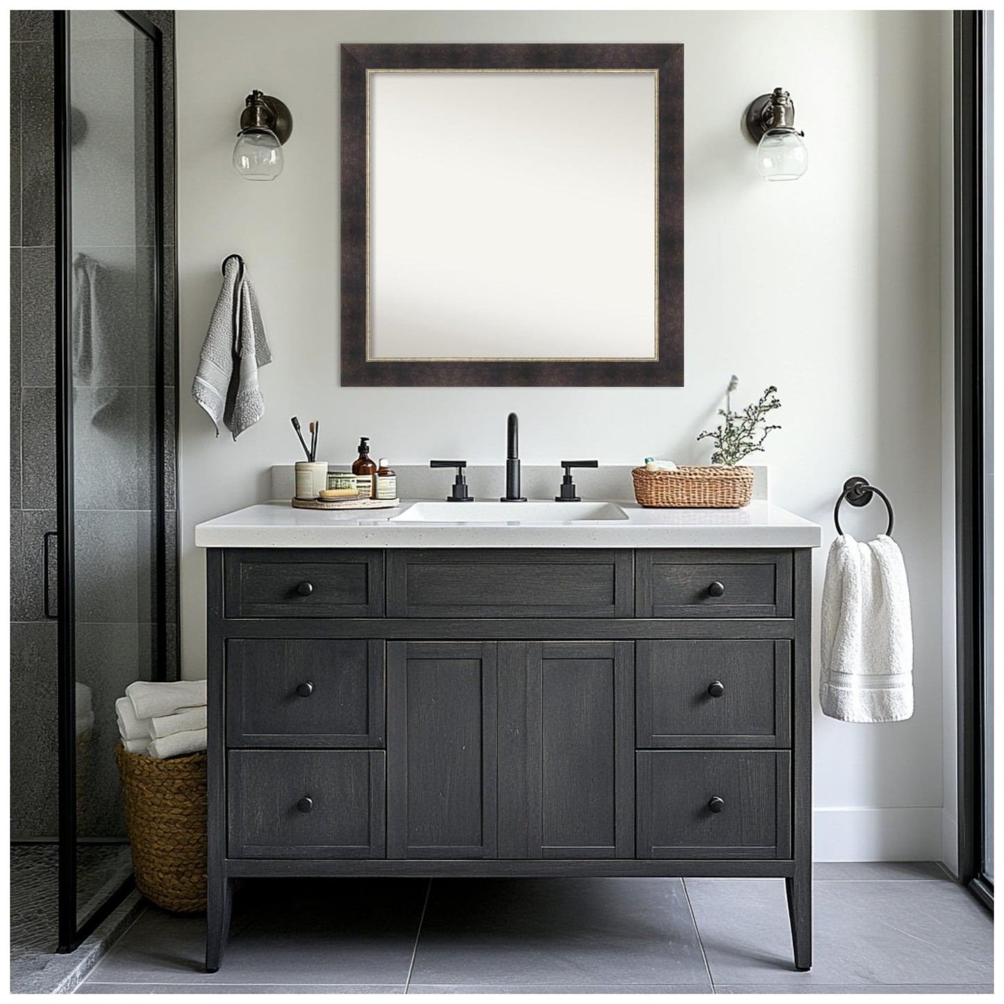 Amanti Art Bronze Bathroom Mirror for Over Sink, 31x31 Odin Antique Bronze Square Vanity Mirror, Large Modern Wood Frame, Hangs Horizonally and Vertically, Bathroom Wall Decor, Non-Beveled Edge