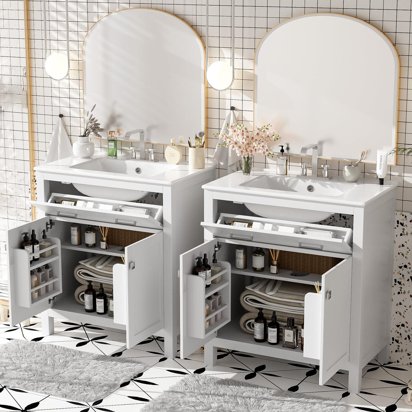 Favfurish 60" Double Bathroom Vanity,Free Standing Double Basin Vanity Set w/ 2 Ceramic Sinks,Adjustable Shelf & Soft Close Doors,Solid Wood Frame Storage Cabinet w/Flip Drawer,for Bathroom,White