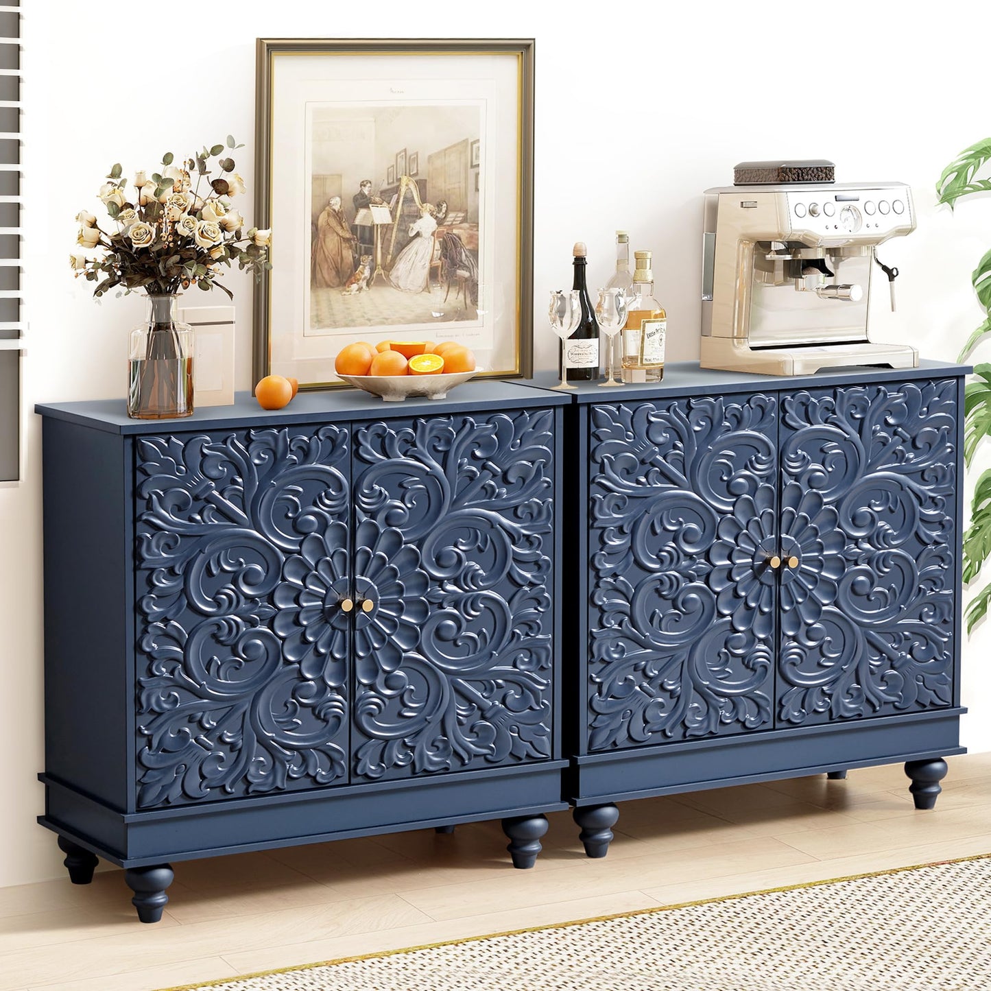 weselon Accent Cabinet Set of 2, Luxury Carving Board Buffet Cabinet with Storage, Storage Sideboard Entryway Table with 2 Doors and Adjustable Shelves (Midnight Blue)