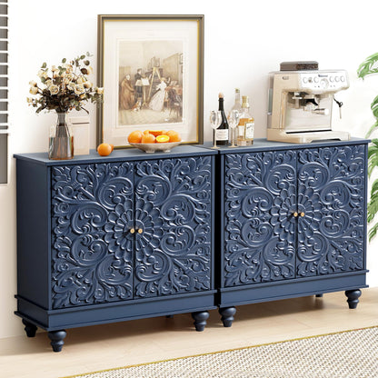 weselon Accent Cabinet Set of 2, Luxury Carving Board Buffet Cabinet with Storage, Storage Sideboard Entryway Table with 2 Doors and Adjustable Shelves (Midnight Blue)