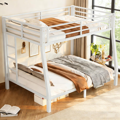 Full XL over Queen Metal Bunk Beds for Kids Teens Adults, Heavy-duty Metal Bunk Bed Frame with Guardrails, Ladders & Under-bed Storage for Bedroom Guest Room Dorms, Space-saving/Noise-reduce, White