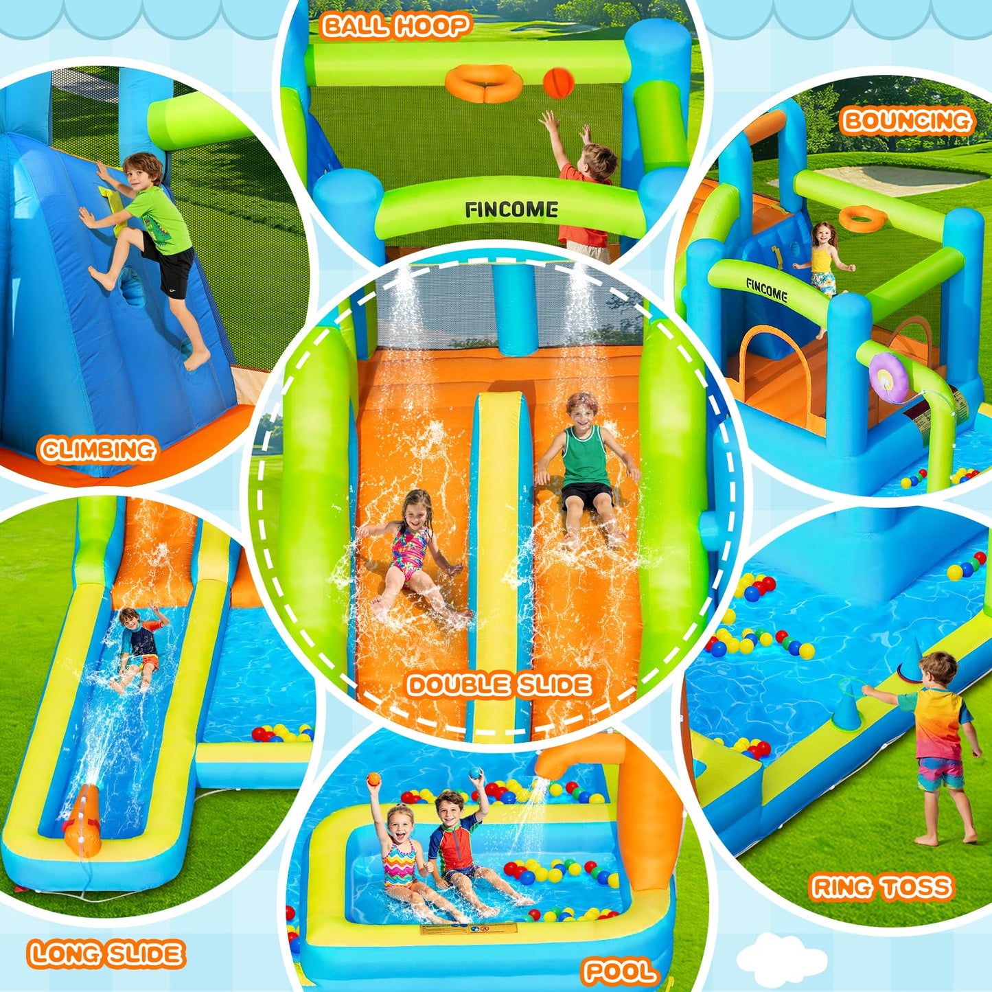 FINCOME Water Bounce House with Double Slide for Kids 3-10, Large Inflatable Water Bouncy Castle with Long Water Slide Jumping Climbing Pool Air Blower, Bouncy House for Party Birthday Holiday Summer