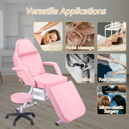 Massage Salon Tattoo Chair with Hydraulic Stool, Adjustable Beauty Facial Bed Table, Pink, Face-Down Cradle for Esthetician
