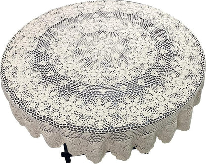 USTIDE Large Crochet Round Tablecloth Beige 90" Cotton Rustic Farmhouse Wedding Table Cloth Table Cover with Floral Lace Design, Handmade Decorative Overlay for Dining Room Kitchen