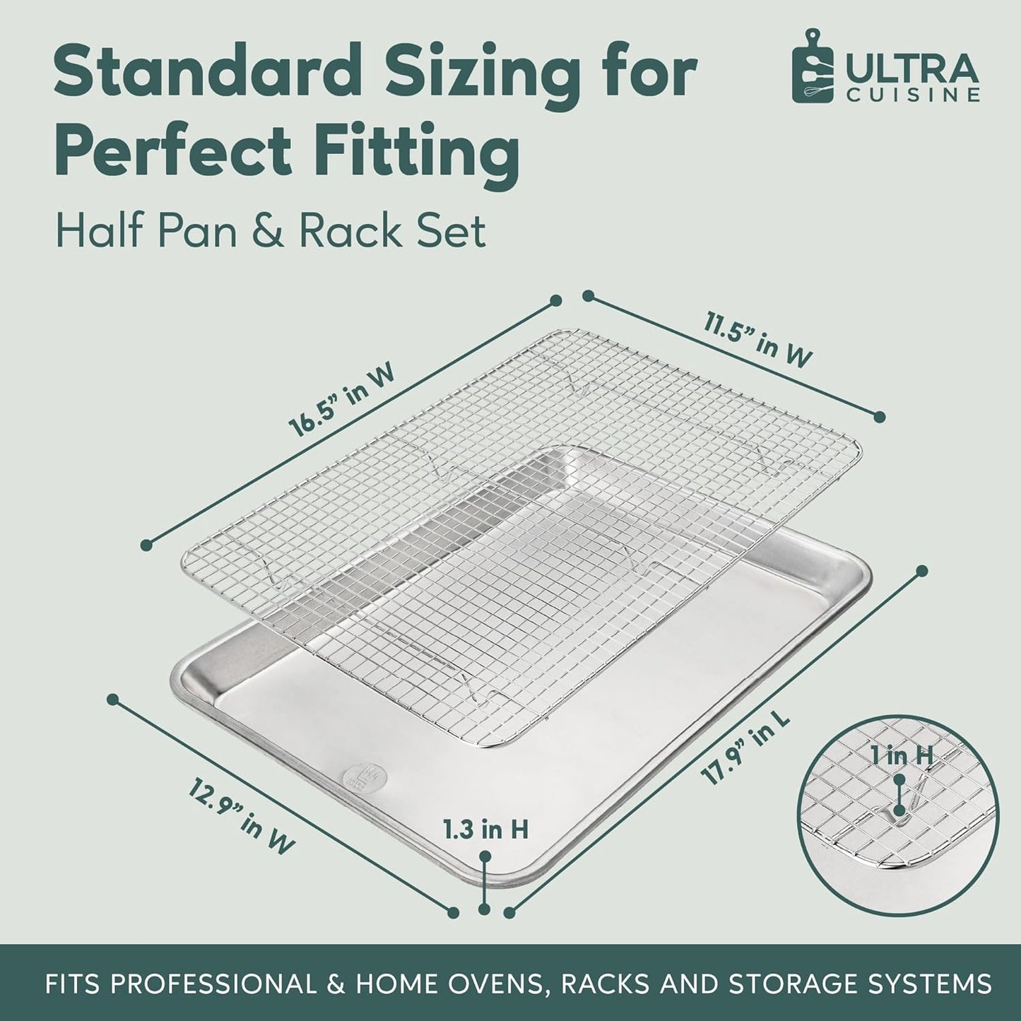 Ultra Cuisine Baking Sheet Set - Half Sheet Aluminum Pan with Stainless Steel Cooling Rack, 13 x 18 Inch, Easy Clean, Commercial Quality