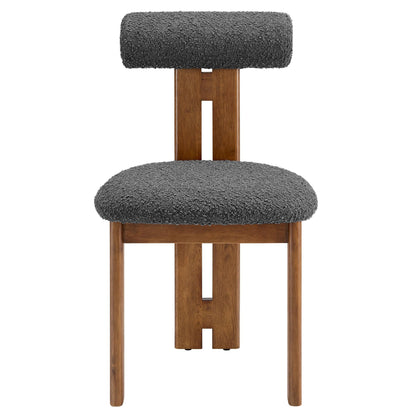Modway Torian Upholstered Boucle Dining Chairs Set of 2 in Walnut Charcoal - 3-Legged Farmhouse Kitchen Chairs - Mid-Century Modern Armless Accent Chairs - Comfortable Side Chairs with Wood Legs