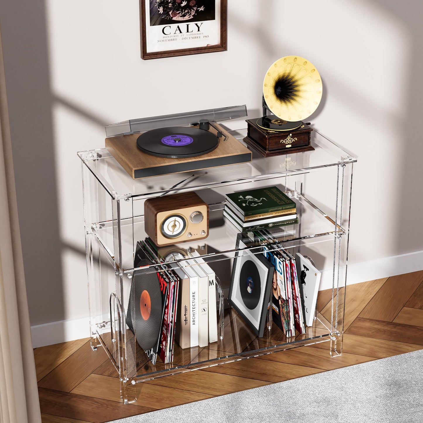 solaround Acrylic Record Player Stand, with Vinyl Storage, Turntable Stand, Vinyl Record Storage Table for Living Room (Clear, 31.5'' x 15.7'' x 29'')