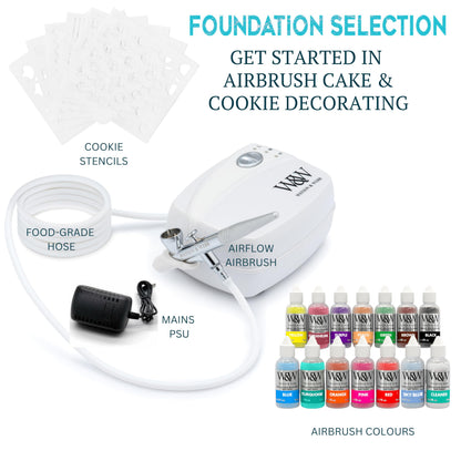 Watson & Webb Foundation Selection - 17pcs Cake Airbrush Decorating Kit - Inc Professional 3 Speed Mains Powered Spray Gun, 13 Vibrant Colours, and Tools - for Food, Cakes, Cookies & Baking