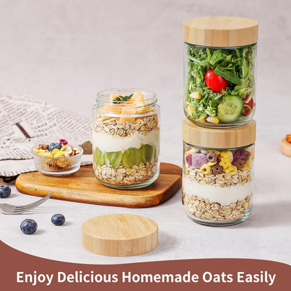 16 Oz 4 Pack DRKIO Overnight Oats Containers with Bamboo Lids - Glass Storage Jars with Airtight Lids Wide Mouth Mason