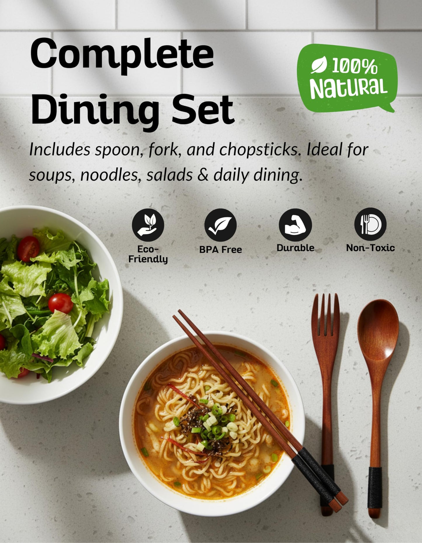 Wooden Utensils Set for Eating, 3 Piece Natural Nanmu Wood Spoon Fork and Chopsticks with Non Slip Cord Wrapped Handles, Reusable Travel Cutlery for Lunchbox, Camping, Office, Picnic Dining