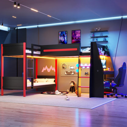 Merax L-Shaped Twin Size Triple Bunk Bed for 3 People, Wood Gaming Loft Bed with Built-in Desk, Shelves, Lights and Full-Length Guardrails, Black+Red