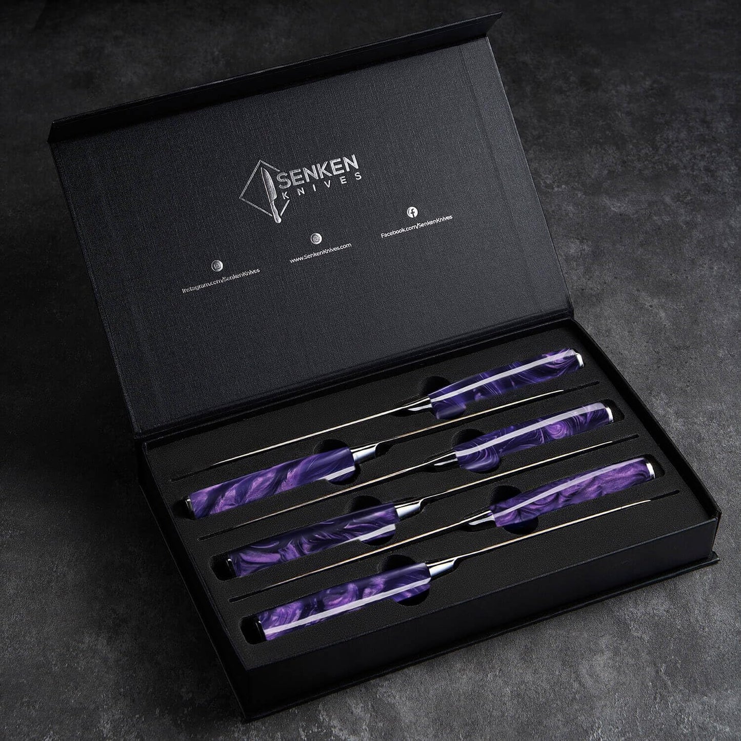SENKEN 16-Piece Kitchen Knife Block Set - Japanese Chef's Knife Set with Laser Damascus Pattern, Includes 6 Steak Knives and Smoothly-Finished Acacia Hardwood Knife Block (Purple Resin Handles)