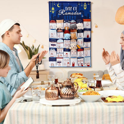 Fanfanwin Ramadan Countdown Calendar Fabric 30 Days Mystery Eid Countdown Calendar House Design Ramadan Wall Decor with 30 Pockets Blue Eid Mubarak Poster Gift for Home Wall Decor