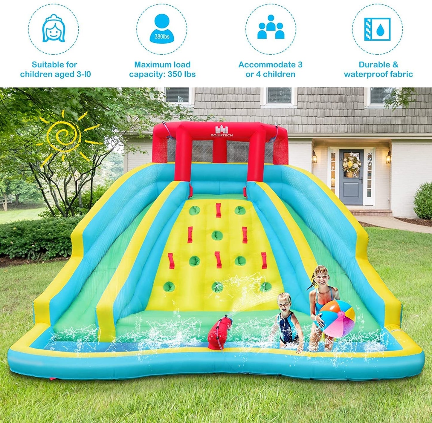 BOUNTECH Inflatable Water Slide Park, Double Slide Water Park Bounce House for Outdoor, Climbing Wall, Bouncy Castle with Blower, Blow up Water Slides Inflatables for Big Kids Backyard Party Gifts