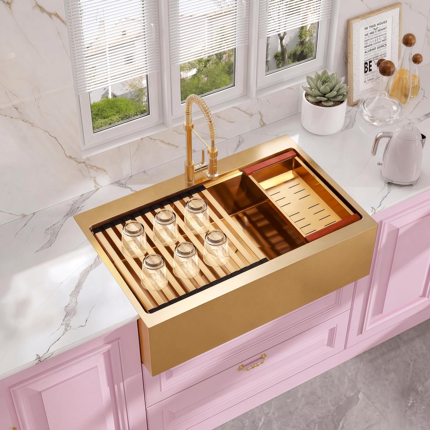 Rhbamoa 33 Inch Gold Farmhouse Sink,16 Gauge T304 Gold Single Bowl Apron Front Kitchen Farm Sink,10 Inch Depth Topmount Farmhouse Kitchen Sinks with All Golden Accessories