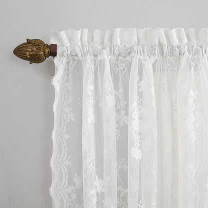 No. 918 Alison Floral Lace Sheer Rod Pocket Kitchen Curtain Tier Pair - 58" x 36", White