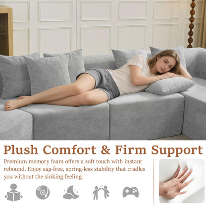 CACFTII 140" Oversized Boneless Couch, Curved Cloud Sectional Couch with L-Shape Chaise, Compressed Memory Foam Couch, Velvet Modular Sectional Sofa for Living Room, No Assembly Required, Grey
