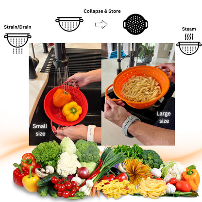 Silicone Colander, Collapsible Colander, Kitchen Food Strainer, Colander with Handles, Foldable Colander, Space-Saving Design, 2-pack