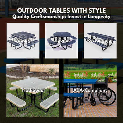 COATEDOUTDOORFURNITURE Heavy-Duty Portable Outdoor Picnic Table with Umbrella Hole, Expanded Metal Commercial-Grade Patio Dining Furniture Made in America (46" Square Top, Textured Black)