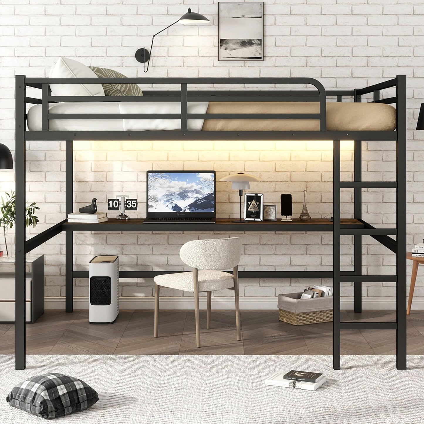 KEIKI Metal Queen Size Loft Bed with Power Outlet and LED Lighted, Space-Saving, Noise Reduced, Black